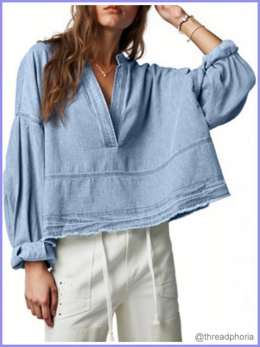 Womens Denim Top Puff Long Sleeve V Neck Jean Shirt Casual